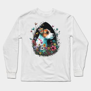 Jack Russell Terrier Easter Egg Silhouette Spring Floral Painting Dog Lover Art Long Sleeve T-Shirt